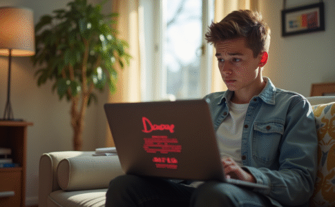 Jeune adulte frustré devant un ordinateur avec erreur Disney 83