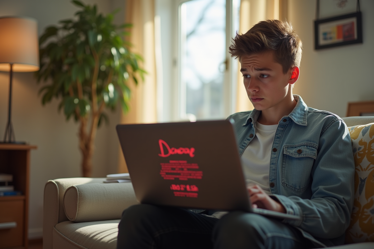 Jeune adulte frustré devant un ordinateur avec erreur Disney 83