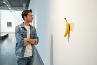 Jeune étudiant en art devant une banane dans une galerie moderne
