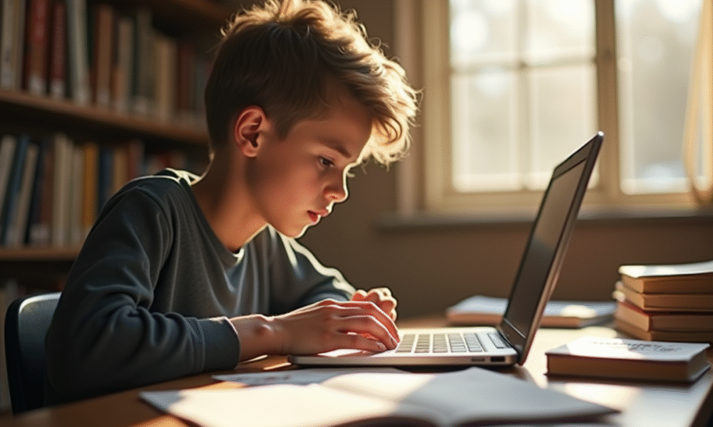 Jeune étudiant concentré à son bureau lumineux avec ordinateur