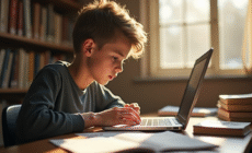 Jeune étudiant concentré à son bureau lumineux avec ordinateur