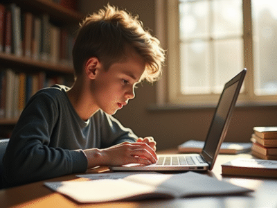 Jeune étudiant concentré à son bureau lumineux avec ordinateur