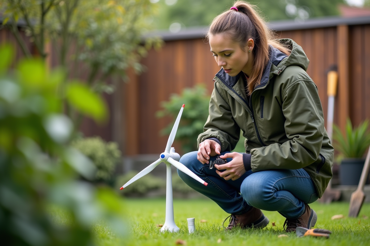 Jeune femme en extérieur assemble une petite éolienne