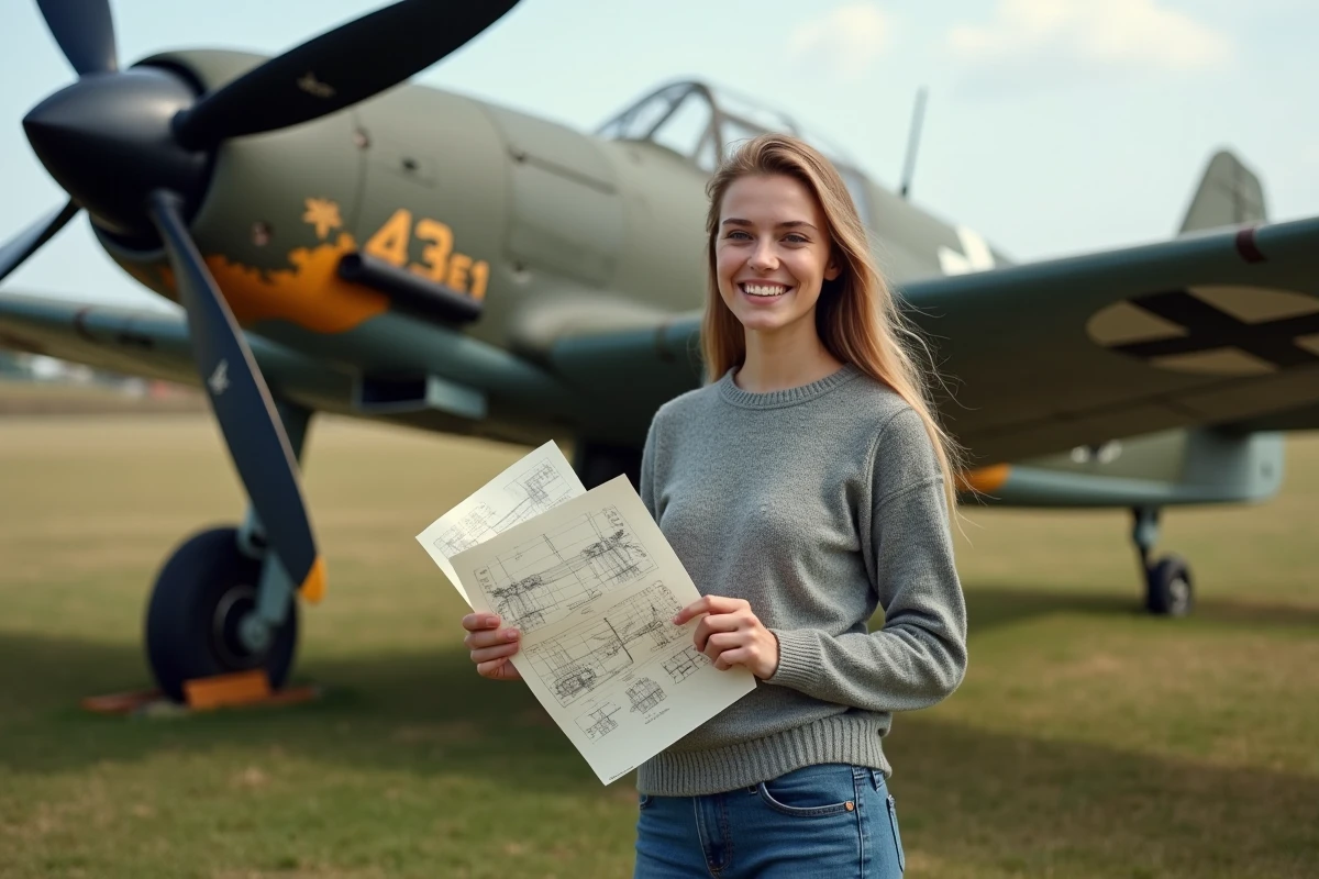 Jeune femme avec documents devant un avion Bf 109