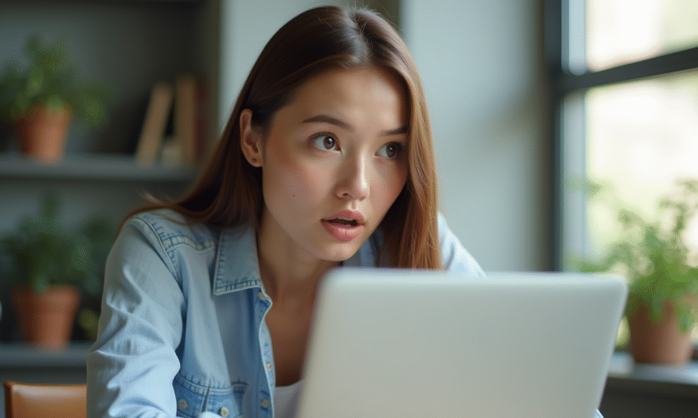 Jeune femme au bureau avec expression surprise face à son ordinateur