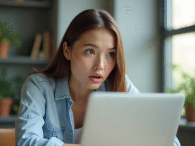 Jeune femme au bureau avec expression surprise face à son ordinateur