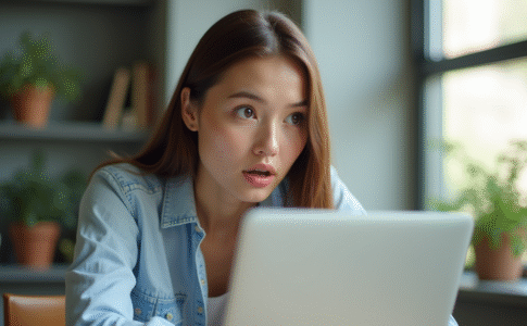 Jeune femme au bureau avec expression surprise face à son ordinateur