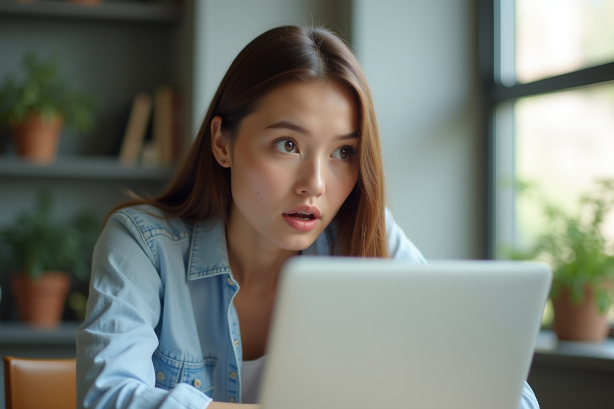 Jeune femme au bureau avec expression surprise face à son ordinateur