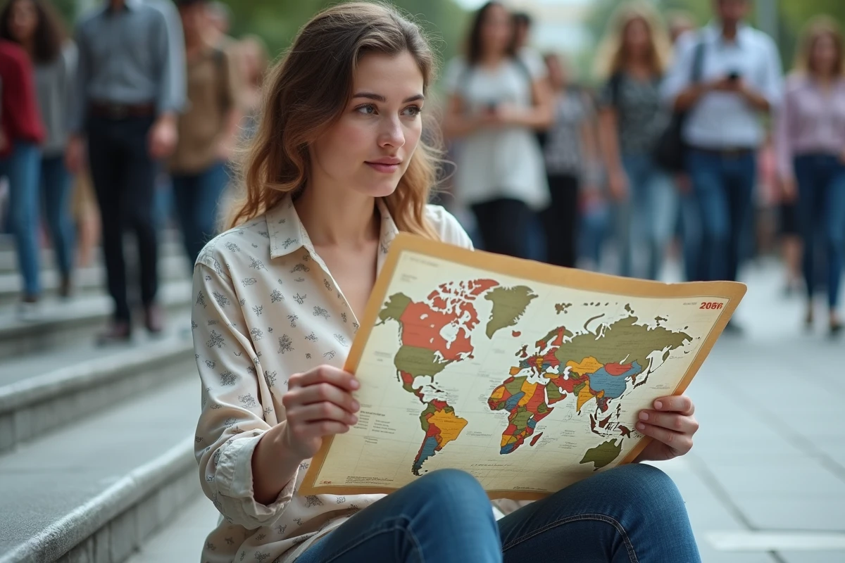 Jeune femme avec carte du monde dans un lieu public animé