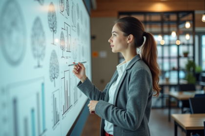 Jeune femme devant un tableau avec arbres et graphiques
