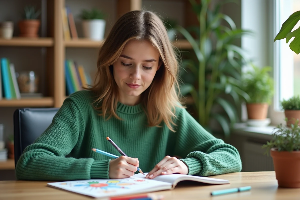 Jeune femme dessinant des doodles Earth Day dans un bureau lumineux