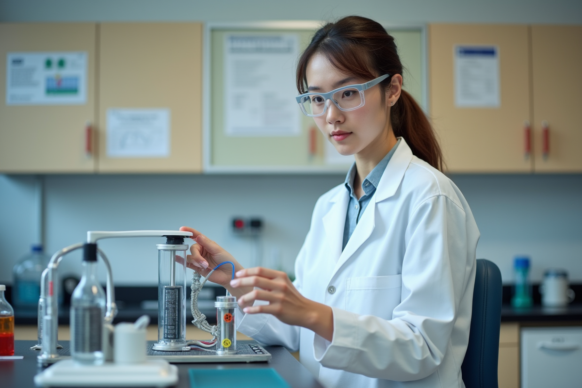 Jeune femme scientifique montre une pile à hydrogène en laboratoire