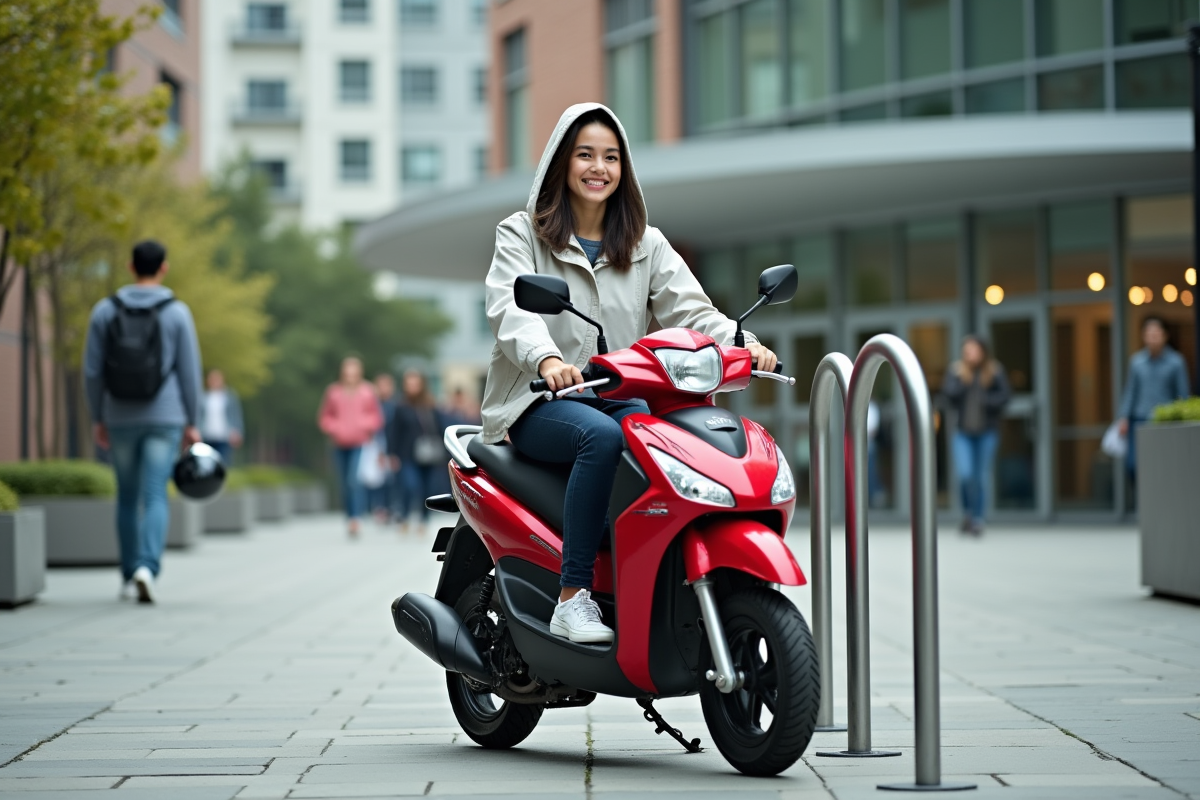 Jeune femme souriante avec une moto Honda rouge dans une cour universitaire