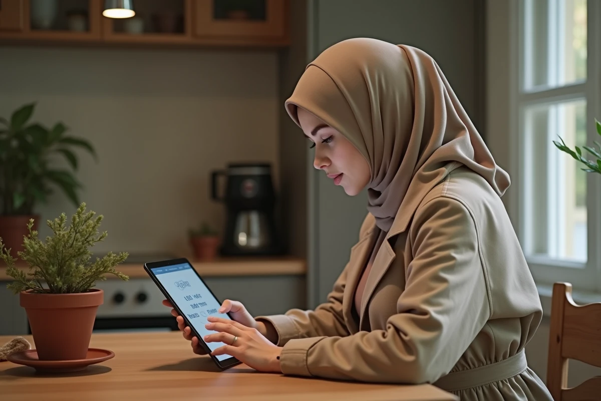 Jeune femme étudie les horaires de prière sur une tablette