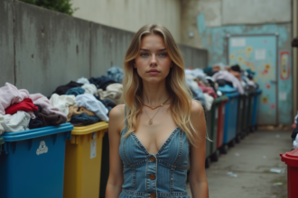 Jeune femme contemplant des bacs de vêtements recyclés en ville