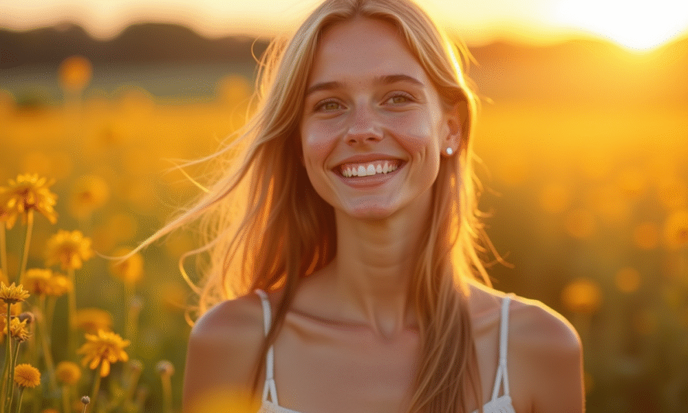 Jeune femme souriante dans un champ de fleurs au lever du soleil