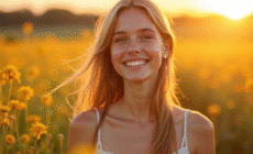 Jeune femme souriante dans un champ de fleurs au lever du soleil