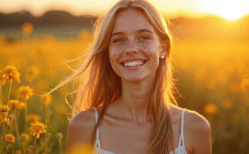 Jeune femme souriante dans un champ de fleurs au lever du soleil