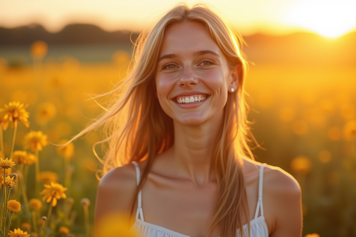 Jeune femme souriante dans un champ de fleurs au lever du soleil