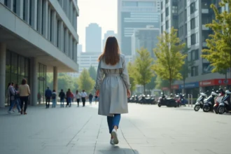 Jeune femme en trench marche dans une ville moderne