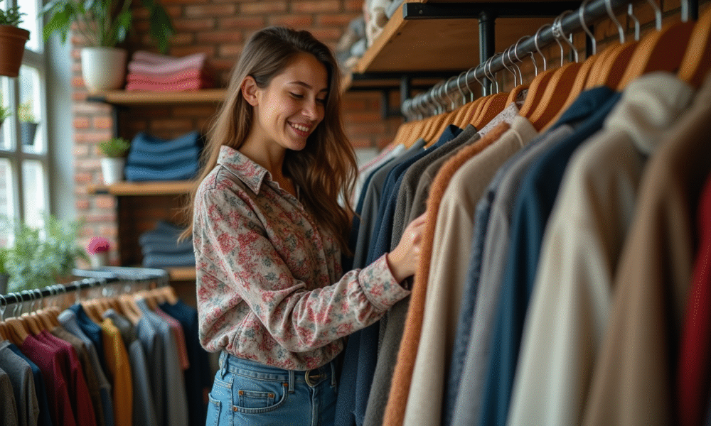 Jeune femme dans une boutique vintage souriante en essayant un pull