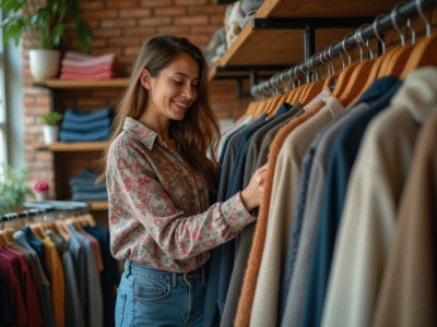 Jeune femme dans une boutique vintage souriante en essayant un pull