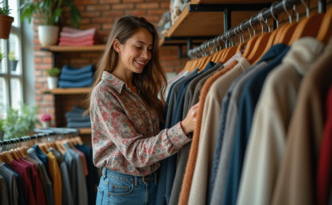 Jeune femme dans une boutique vintage souriante en essayant un pull