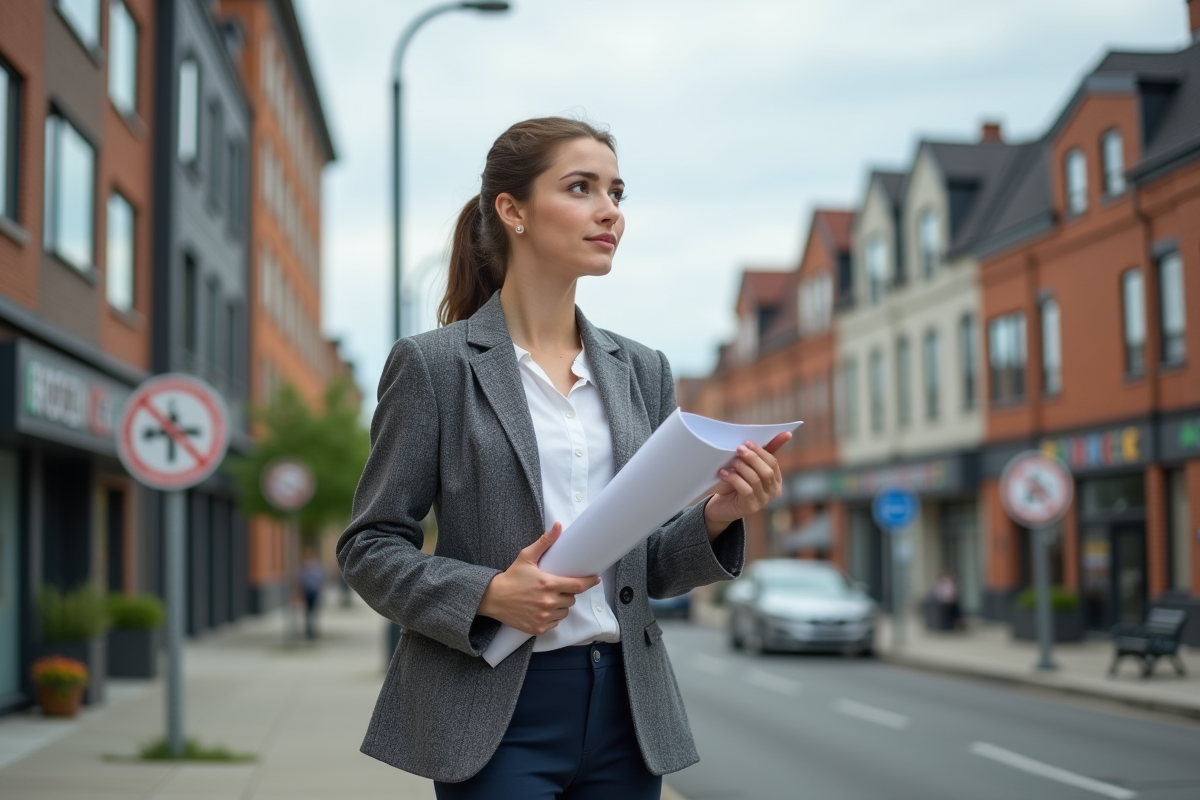 Jeune femme en extérieur montrant un document de zonage