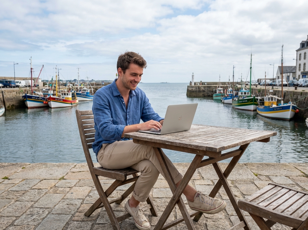 Jeune homme au café près du port à Quimper