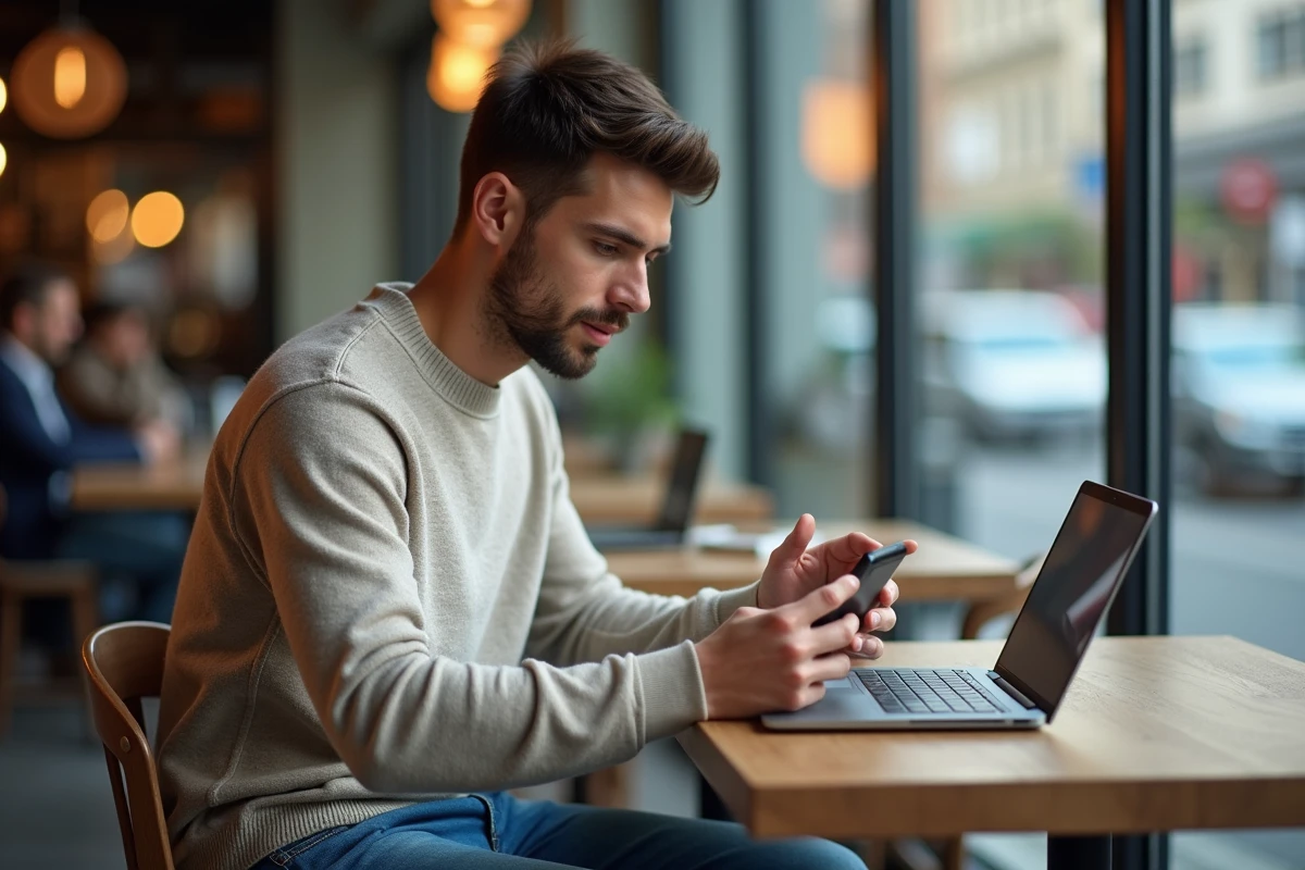 Jeune homme utilisant une application de sécurité au café
