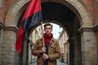 Jeune homme avec drapeau tricolore sous arche ancienne