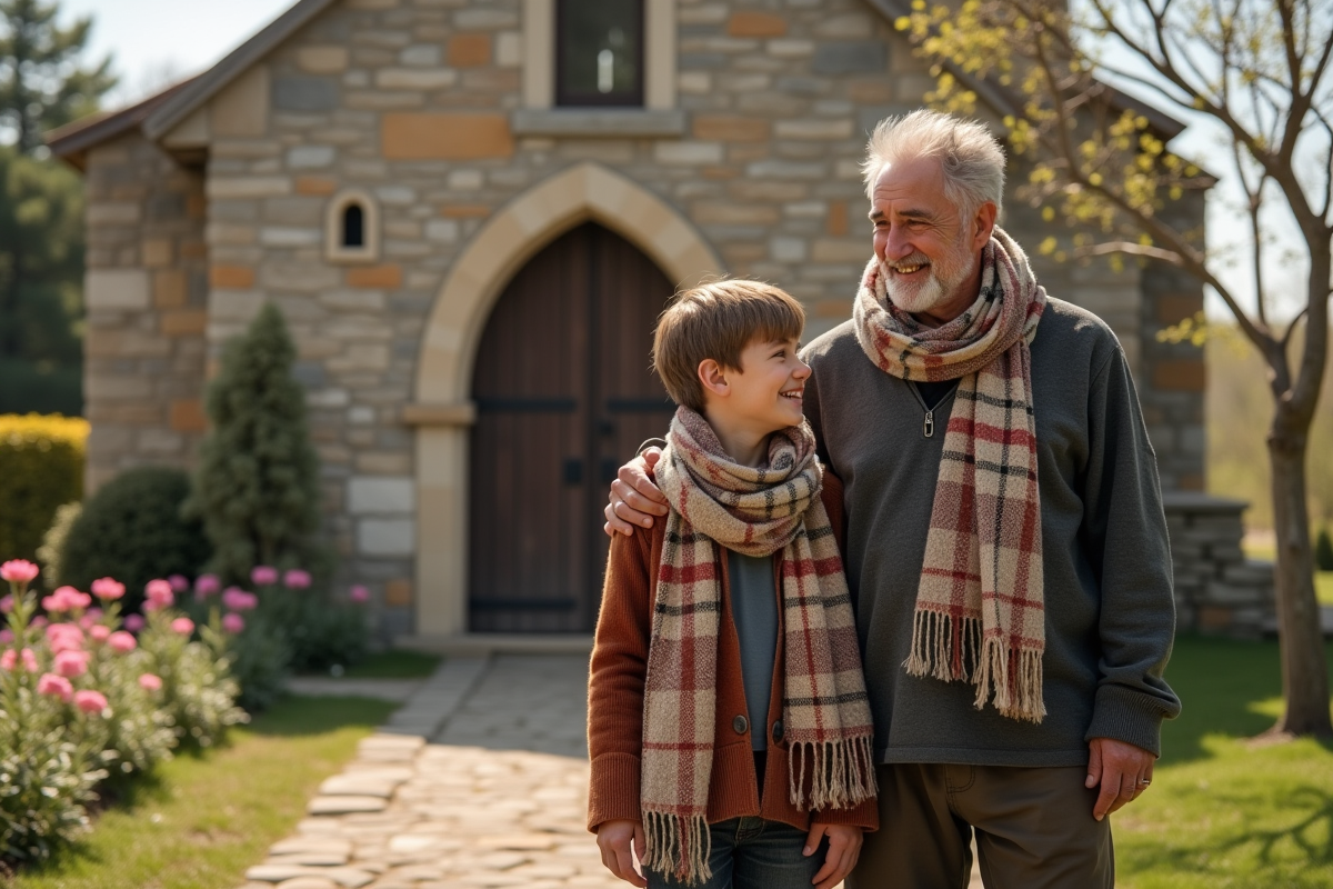 Jeune garçon et père devant une chapelle en pierre en pleine nature