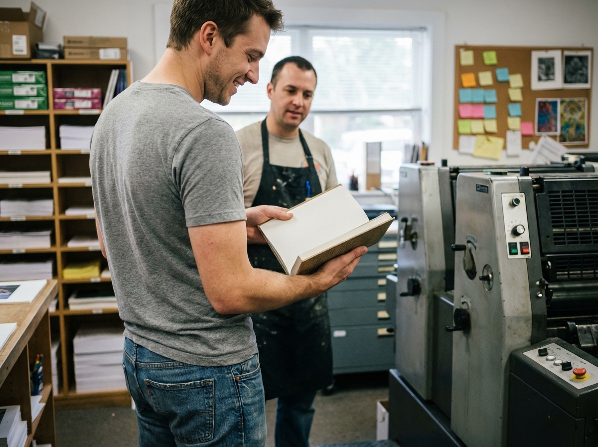 Jeune homme dans une imprimerie tient un livre fraîchement imprimé