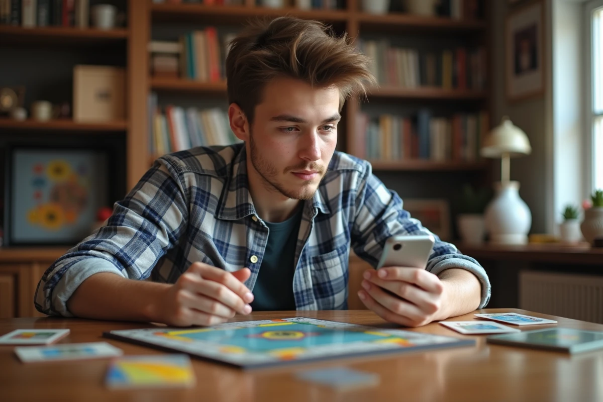 Jeune homme joue à Monopoly avec smartphone dans un intérieur cosy
