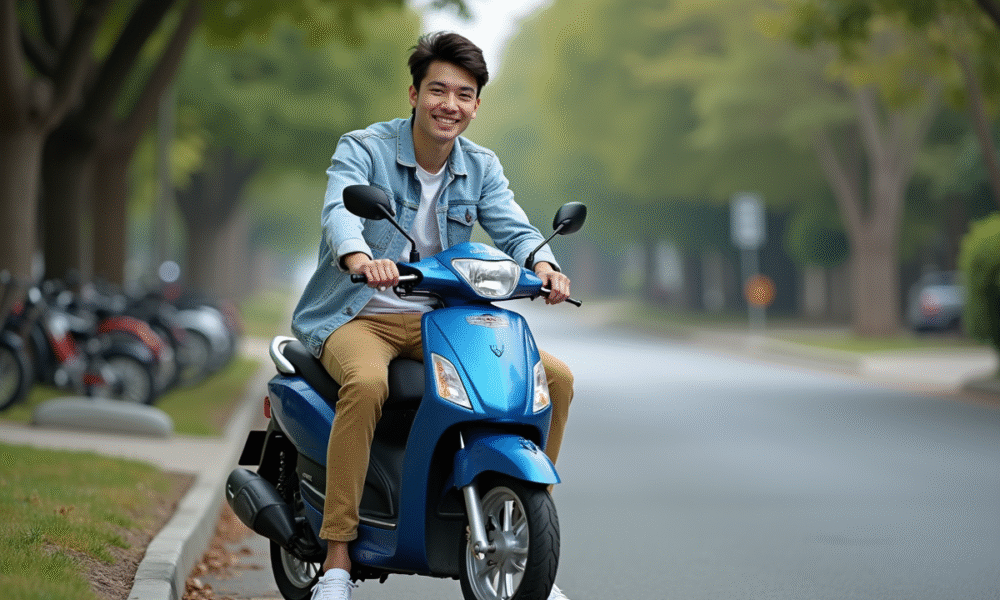 Jeune homme sur une moto Honda bleue dans un quartier résidentiel