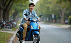 Jeune homme sur une moto Honda bleue dans un quartier résidentiel