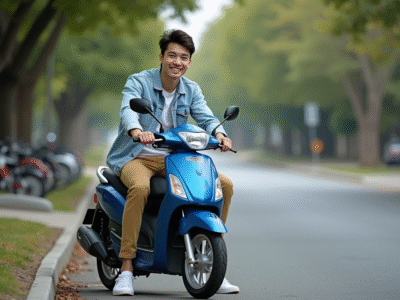 Jeune homme sur une moto Honda bleue dans un quartier résidentiel