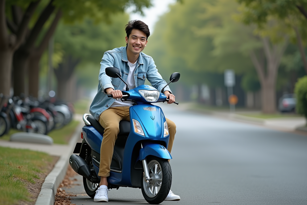 Jeune homme sur une moto Honda bleue dans un quartier résidentiel