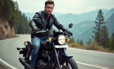 Jeune homme en moto sur route de montagne