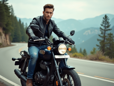 Jeune homme en moto sur route de montagne