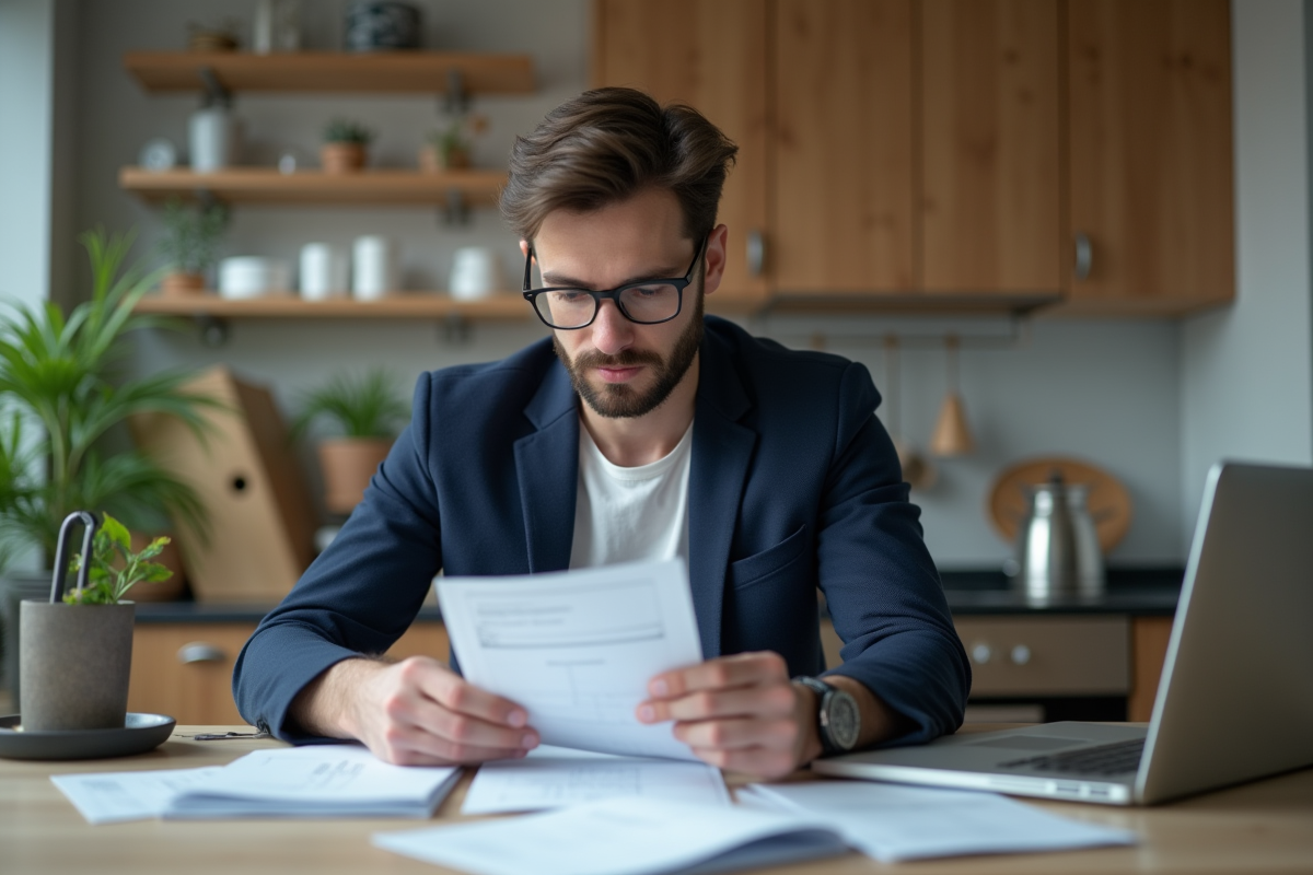Jeune homme en blazer organise ses reçus dans une cuisine moderne