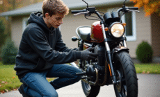 Jeune homme vérifie la tension de sa moto 50cc