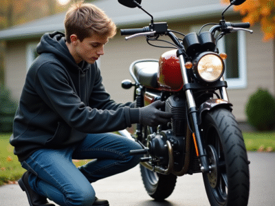 Jeune homme vérifie la tension de sa moto 50cc