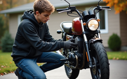 Jeune homme vérifie la tension de sa moto 50cc