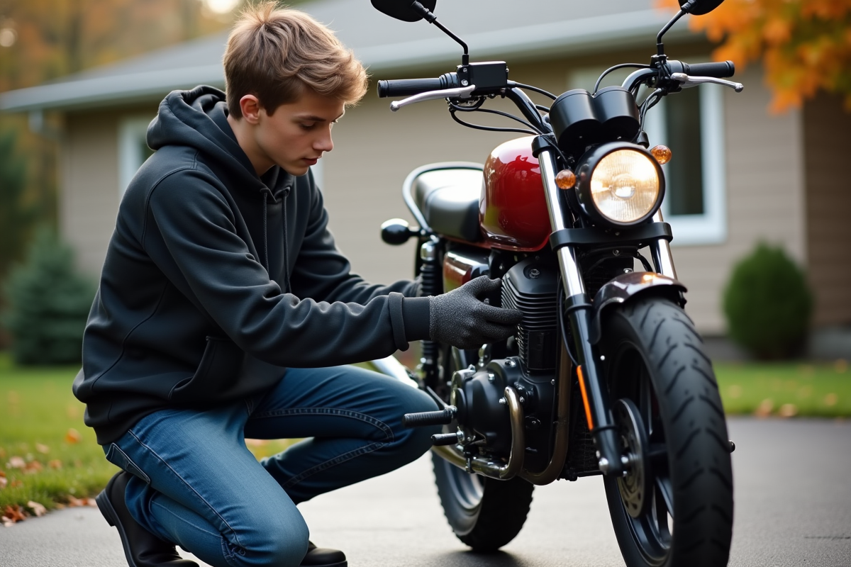 Jeune homme vérifie la tension de sa moto 50cc
