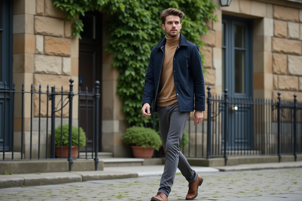Jeune homme en tenue casual marchant devant un vieux bâtiment