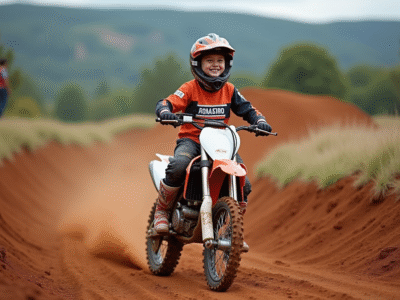Jeune garçon motocross souriant avec sa moto 125cc