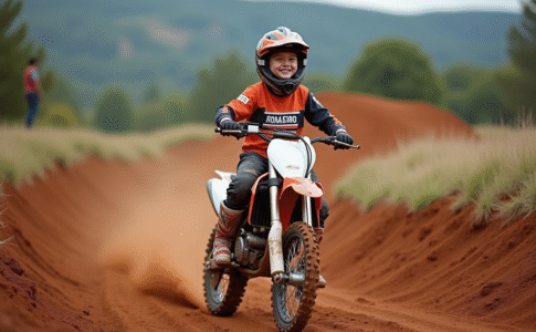 Jeune garçon motocross souriant avec sa moto 125cc