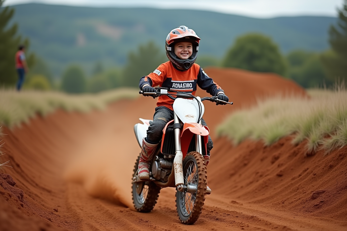 Jeune garçon motocross souriant avec sa moto 125cc