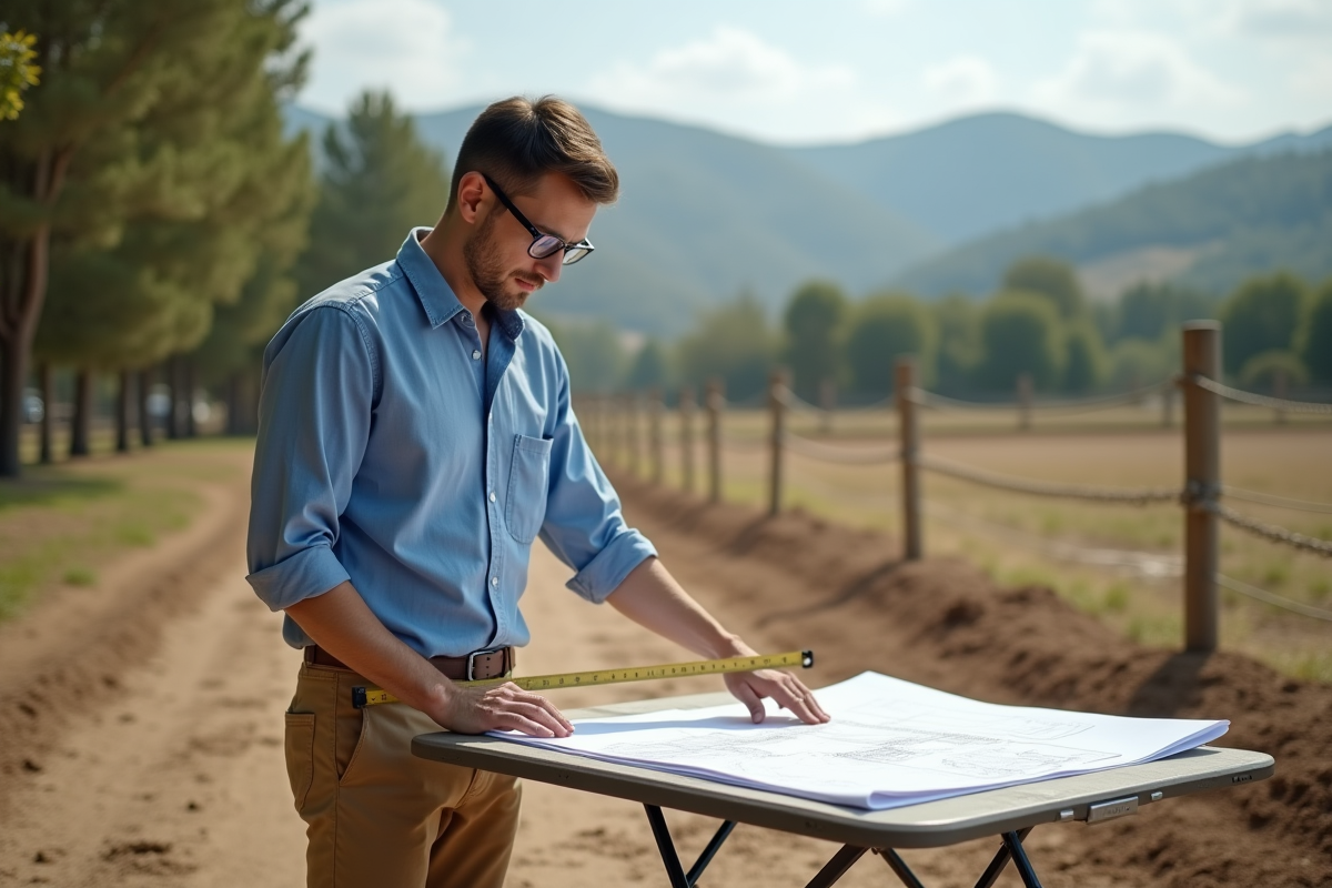 Jeune architecte mesurant un terrain avec plans à côté